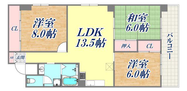 岡本パークマンション(3LDK/5階)の間取り写真
