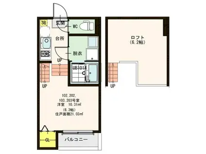 ハーモニーテラス東仙台VII(1K/2階)の間取り写真