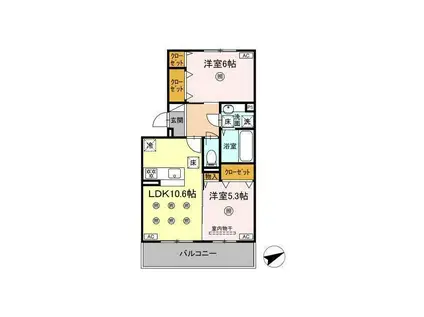 D-ROOM NISHIBARU B棟(2LDK/1階)の間取り写真