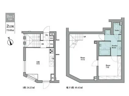 リーガランド早稲田鶴巻町(2LDK/B1階)の間取り写真