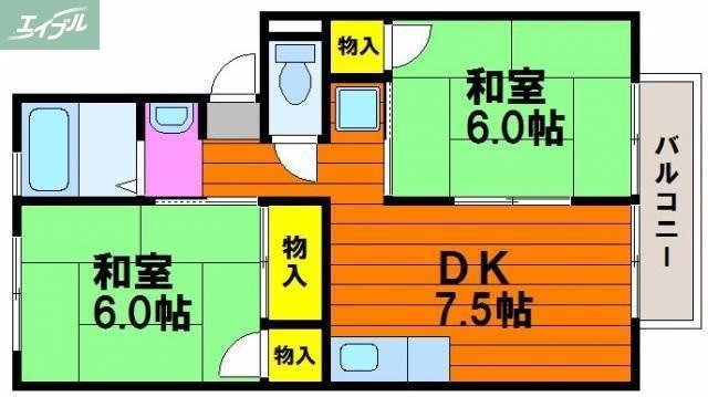 ベルホワイトK(2DK/2階)の間取り写真