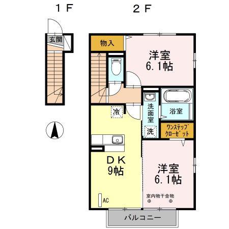 ボヌール B(2DK/2階)の間取り写真