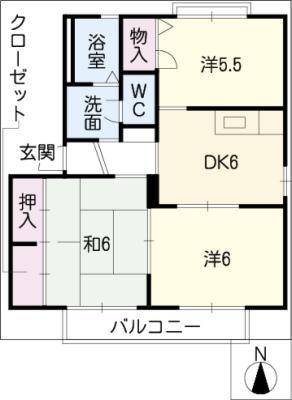 コスモハイツ F棟(3DK/2階)の間取り写真