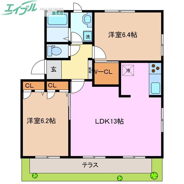 ナディア長折 B棟(2LDK/1階)の間取り写真