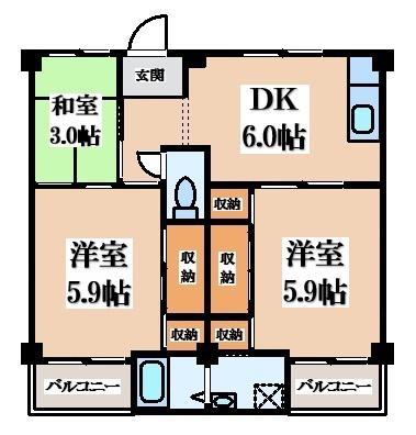 ビレッジハウス紀三井寺(3DK/5階)の間取り写真
