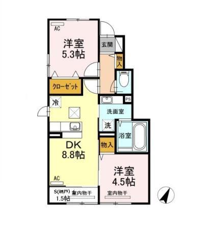 ソレイユ花棚(2DK/1階)の間取り写真