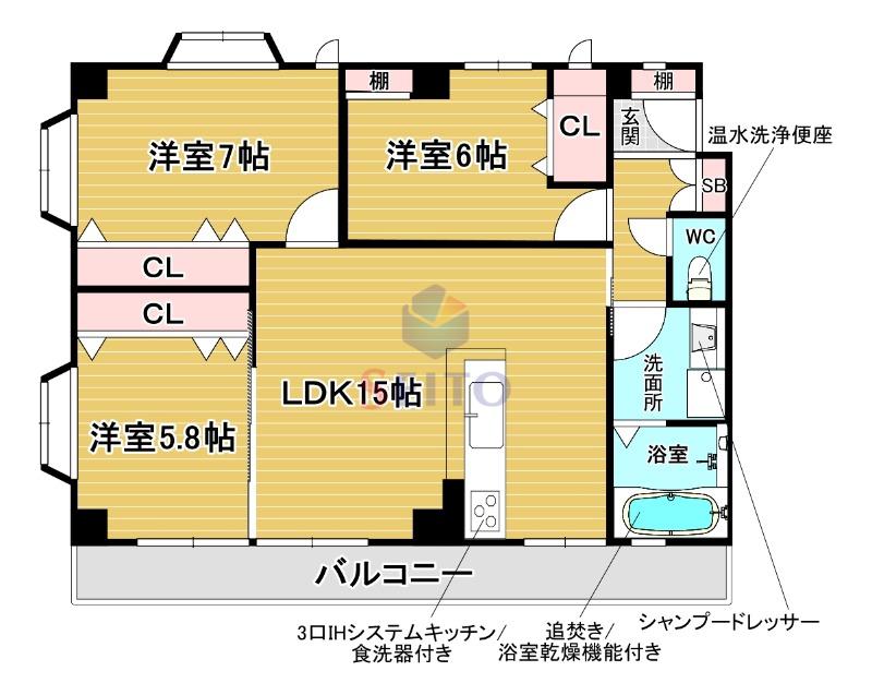 ファミーユ春日(3LDK/3階)の間取り写真