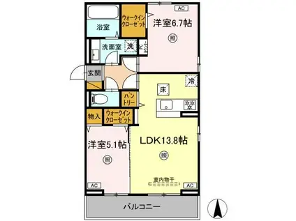 LA MER 鴨川(2LDK/1階)の間取り写真