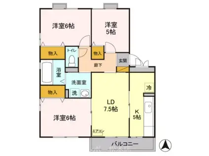 エクセレントガーデンARUGA B棟(3LDK/2階)の間取り写真