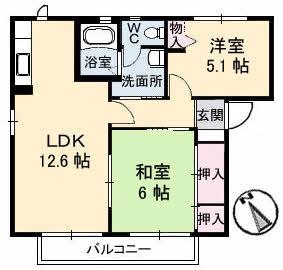 ビューヒルズ若野A棟(2LDK/2階)の間取り写真