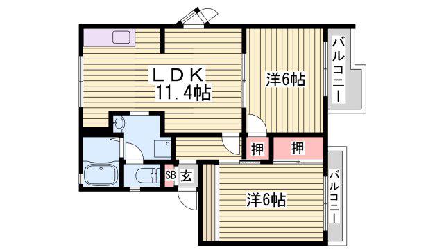 ベルハイツ野里A棟(2LDK/2階)の間取り写真