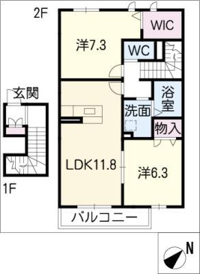 グリナージュB棟(2LDK/2階)の間取り写真