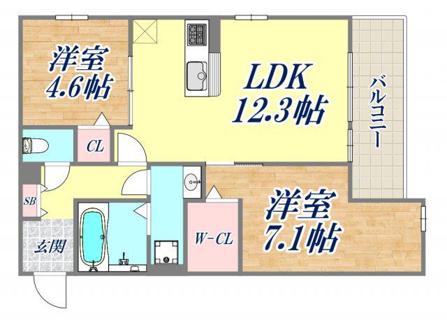ブル・マリーノ衣掛(2LDK/1階)の間取り写真