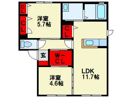 ドミール永犬丸 I棟(2LDK/2階)の間取り写真