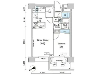 ベルヴュコート柏(1LDK/4階)の間取り写真