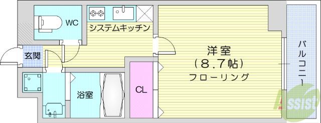 リヴィエール若林(1K/3階)の間取り写真
