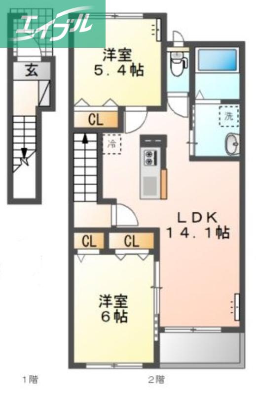 ワタリ グランディB(2LDK/2階)の間取り写真