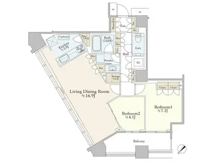 タワーマンション 高層階 眺望良好 (2LDK/50階)の間取り写真