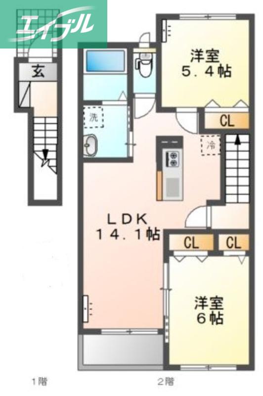 ワタリ グランディB(2LDK/2階)の間取り写真