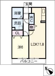 ラフィネ横山B棟(1LDK/2階)の間取り写真