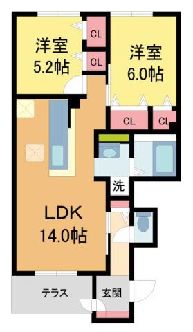 グランチュイールA棟(2LDK/1階)の間取り写真
