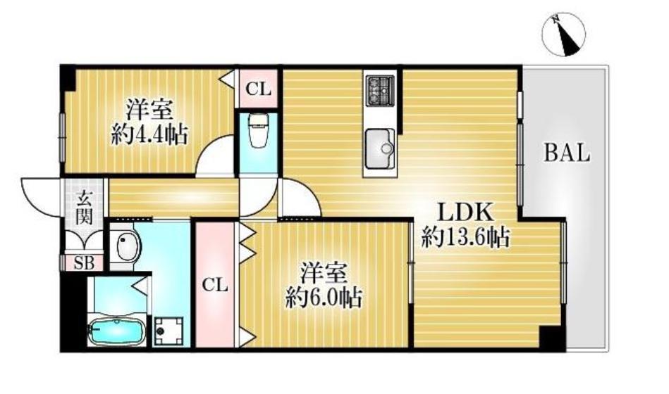 ワコーレグランディール御旅(2LDK/6階)の間取り写真