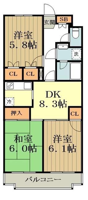 プライムアーバン武蔵小金井(3DK/3階)の間取り写真