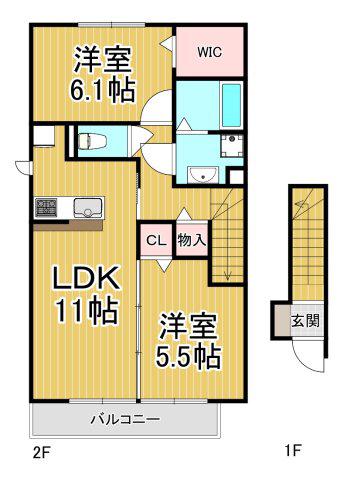 チェリーハウスⅡB棟(2LDK/2階)の間取り写真