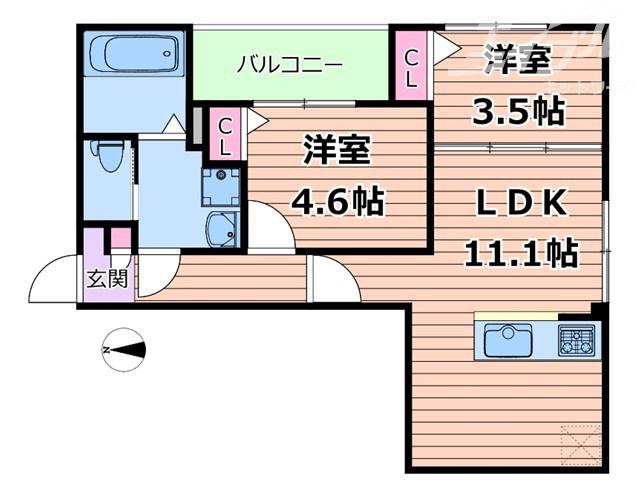 GRACIAS COURT岸辺(2LDK/2階)の間取り写真