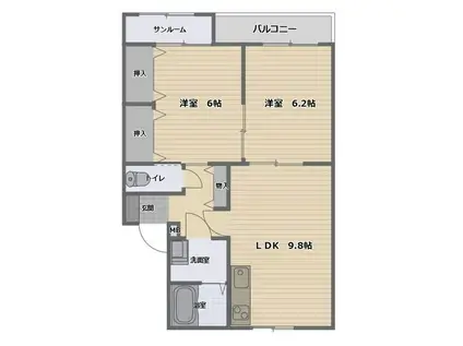 ミリュー向本折(2DK/2階)の間取り写真