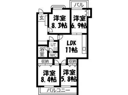 三旺マンション第三東山(4LDK/4階)の間取り写真