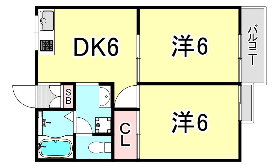 ビビエンダ甲東(2DK/1階)の間取り写真