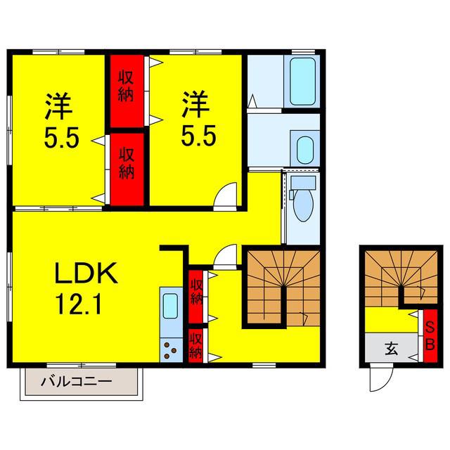 プリムローズ伍番館(2LDK/2階)の間取り写真