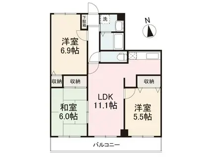 フィネスハーモニーKITA B棟(3LDK/1階)の間取り写真