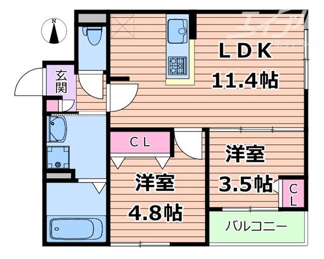 GRACIAS COURT岸辺(2LDK/1階)の間取り写真