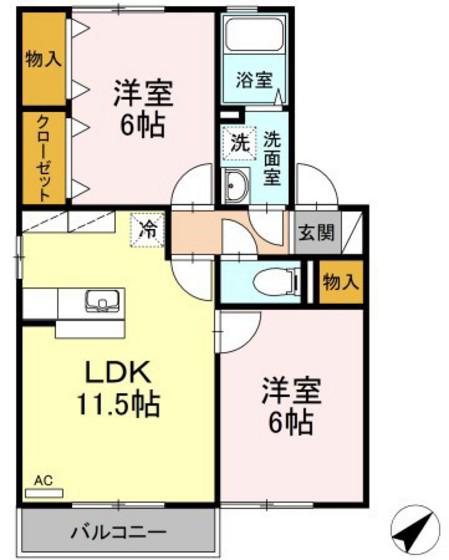 メルベーユコートA棟(2LDK/2階)の間取り写真