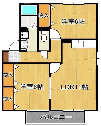 サニーフラット若園D棟(2LDK/2階)の間取り写真