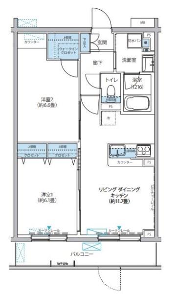 シンクロニシティムサシノ(2LDK/1階)の間取り写真