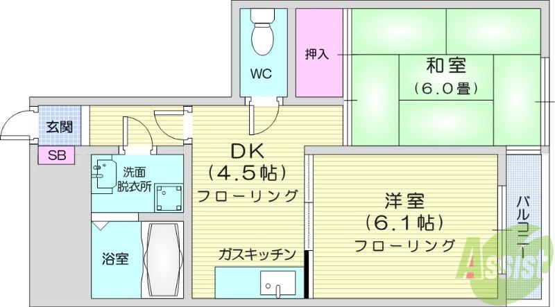 黄葉ビル銀杏町(2DK/1階)の間取り写真