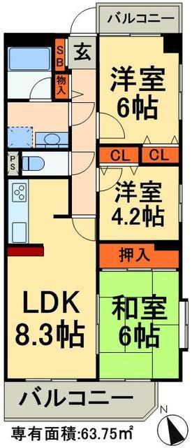 アムス松戸ブランティーク(3DK/11階)の間取り写真