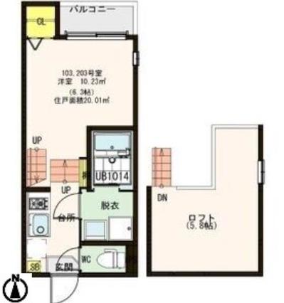ハーモニーテラス福住町II(1K/2階)の間取り写真