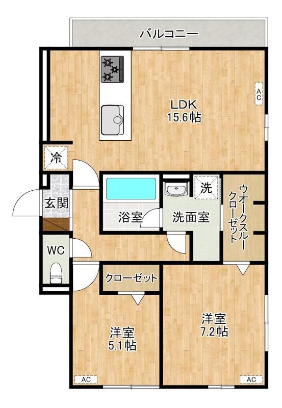 JR日豊本線 城野駅(JR) 徒歩15分 3階建 新築(2LDK/2階)の間取り写真