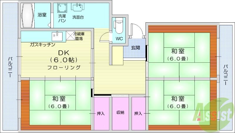 鹿野ハイツ(3DK/4階)の間取り写真