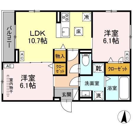 ルヴィータ大秋(2LDK/1階)の間取り写真