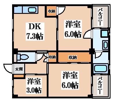 ビレッジハウス私部(3DK/3階)の間取り写真