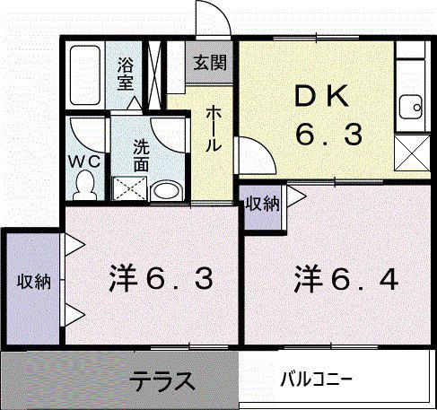 サイドヒル B(2DK/1階)の間取り写真