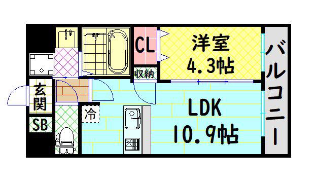 スプランディット難波キャトル(1LDK/13階)の間取り写真