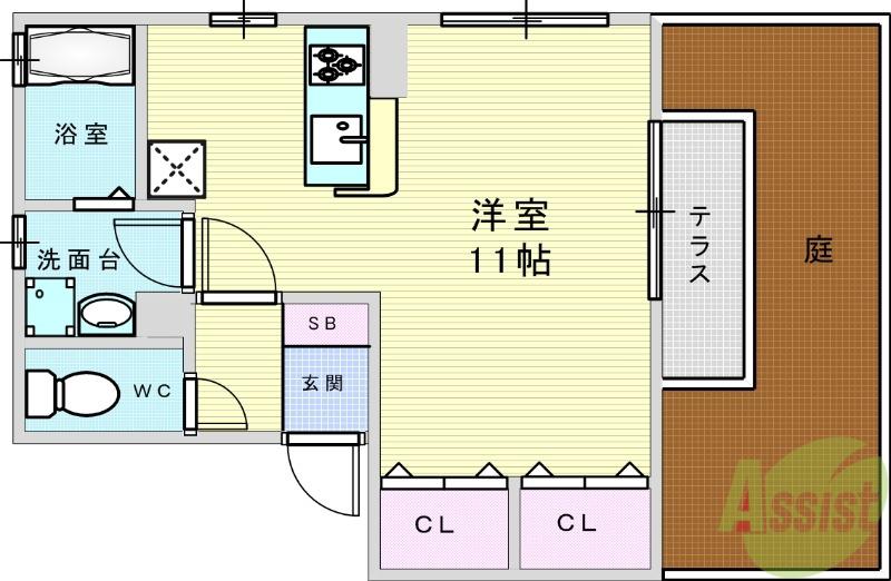 シルクコートC棟(ワンルーム/1階)の間取り写真