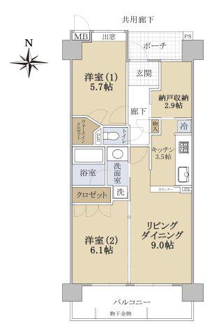 シャリエ中百舌鳥(2LDK/9階)の間取り写真