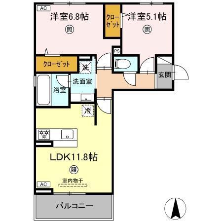 トリシア野多目I(2LDK/2階)の間取り写真